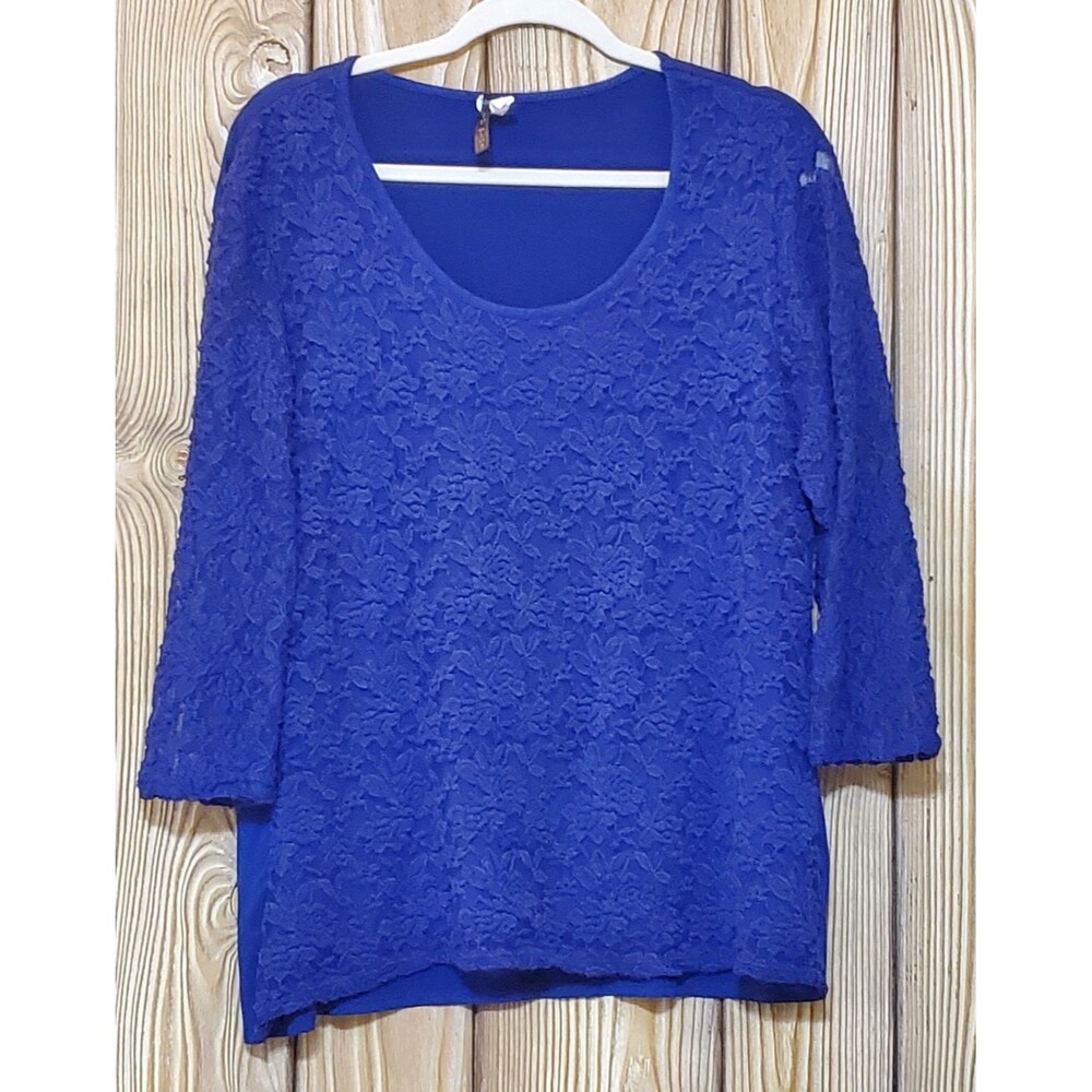 Ashley Blue Dressy Blouse Women's 3XL Blue Lace Overlay Top Sheer 3/4 Sleeves
